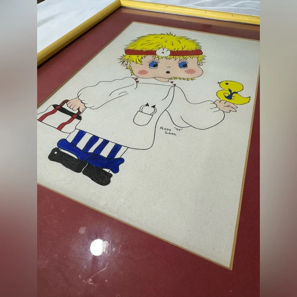 1979 VINTAGE PAINTING ARTWORK. BOY & GIRL KID PLAY DOCTOR& NURSE 16” X 12” CUTE!